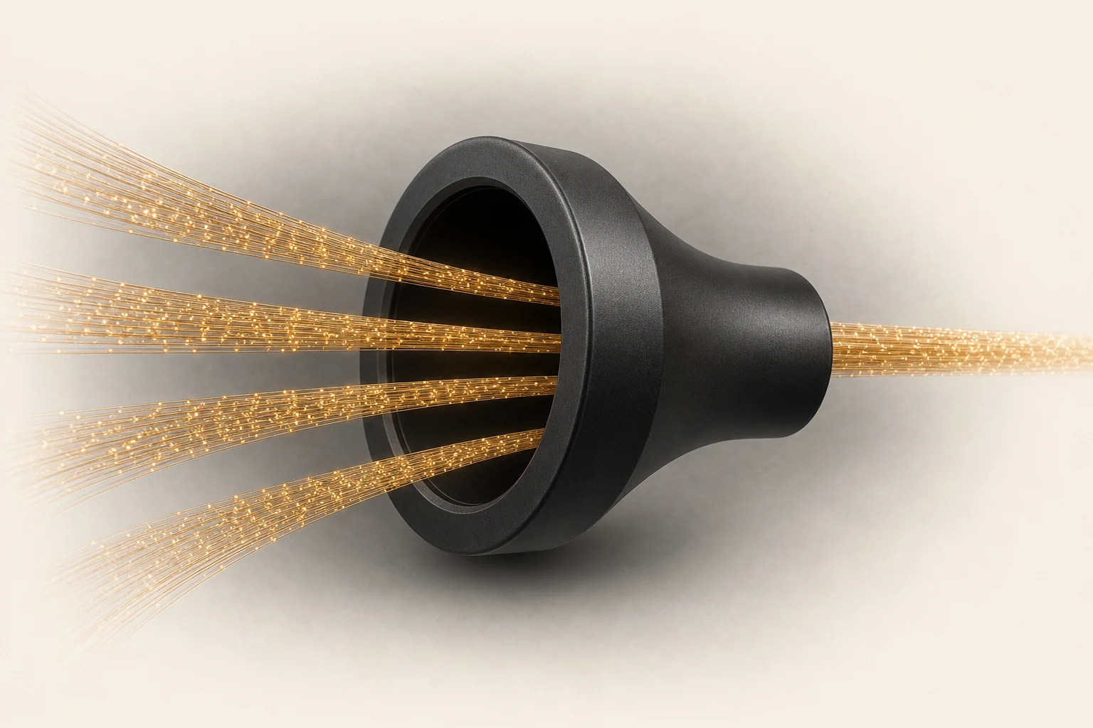 Four amber information streams enter the open bore of a black conduit and leave as one organised current.