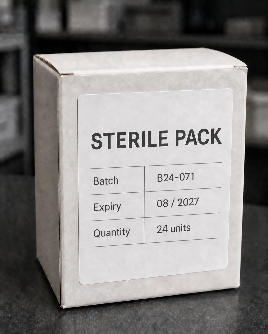 Example clinic supply box with stock data printed on its paper label